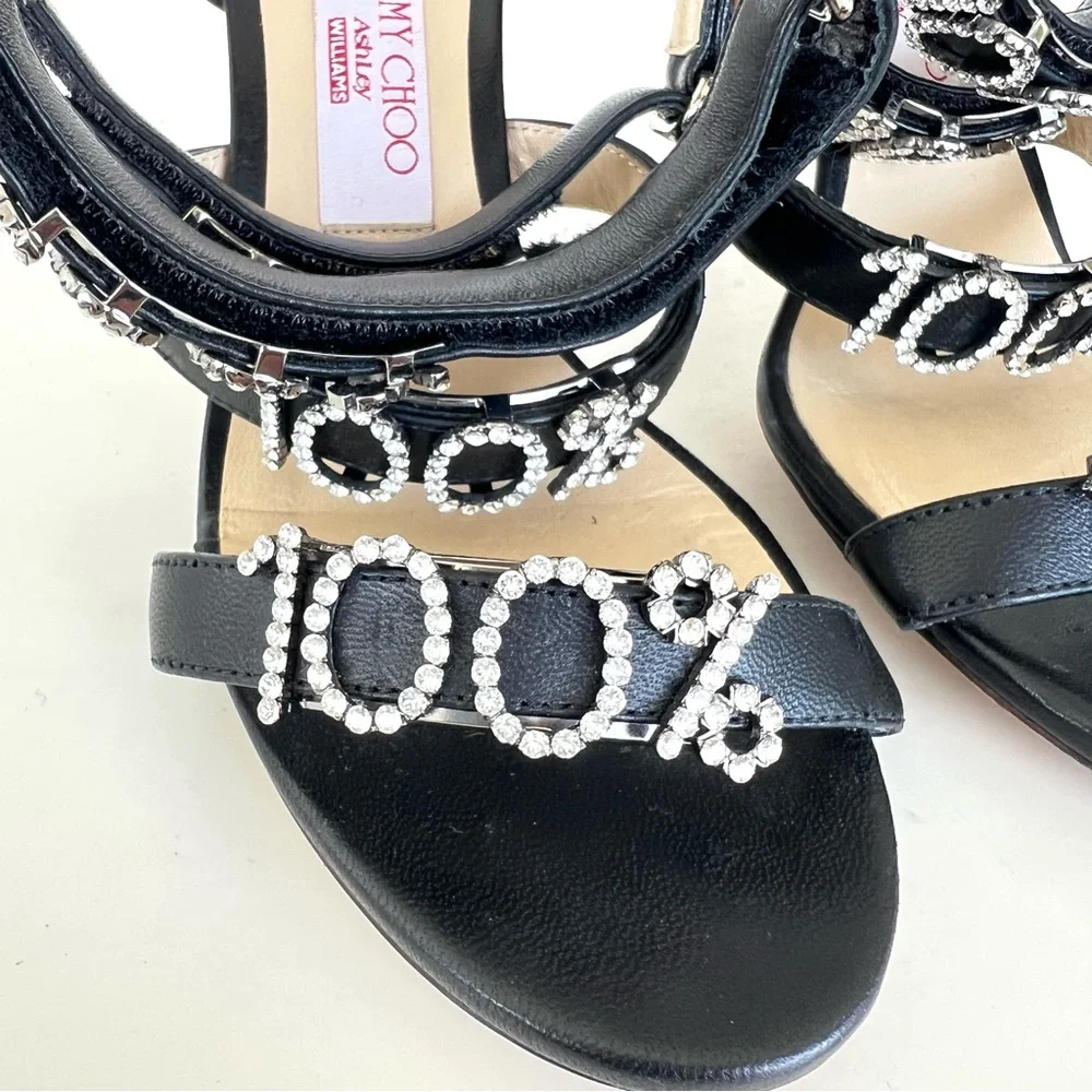 JIMMY CHOO x Ashley Williams Black Leather Crystal 100% Heel Sandals Sz 37.5